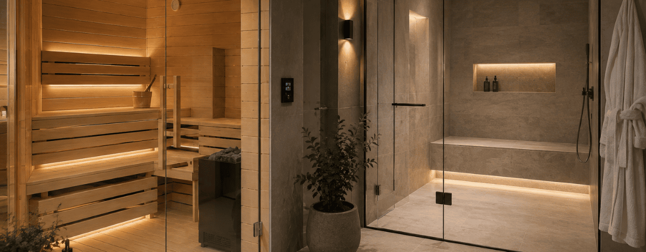 Luxury home wellness suite with sauna and steam room