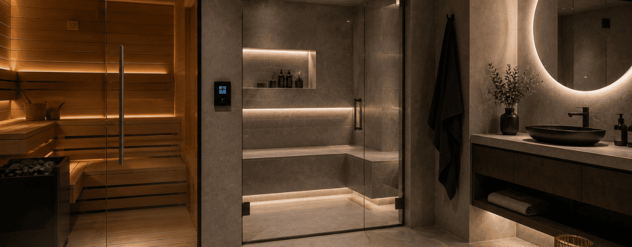 Luxury home steam room with integrated sauna and bathroom