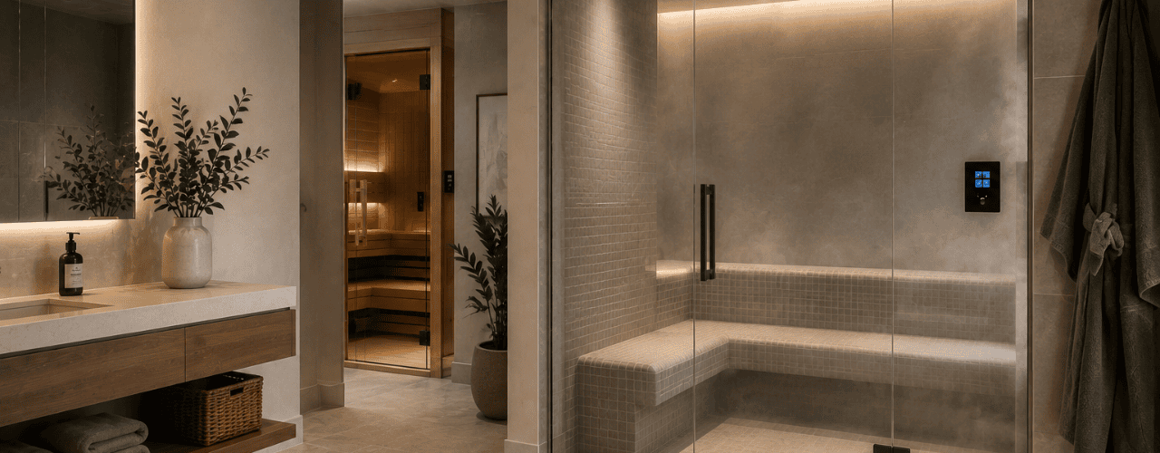modern home steam room with built in tiled seating