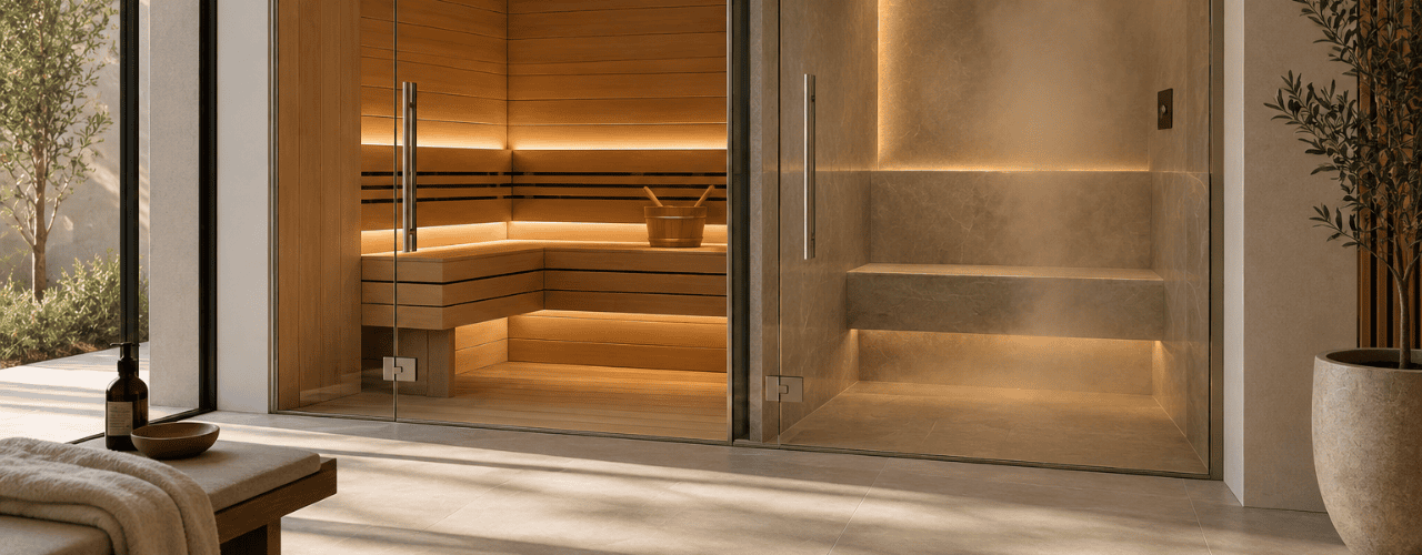 Modern combined sauna and steam room within a home wellness space