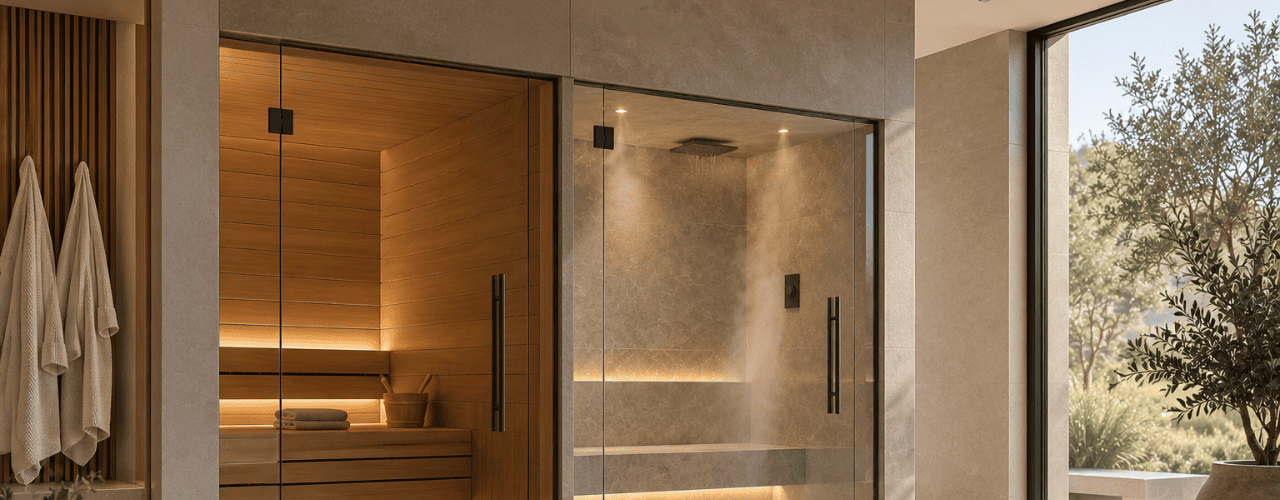 Sauna and steam room incorporated into a modern home wellness suite