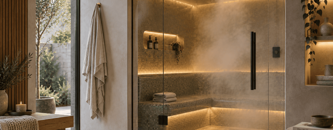 Tiled home steam room with glass enclosure and integrated seating