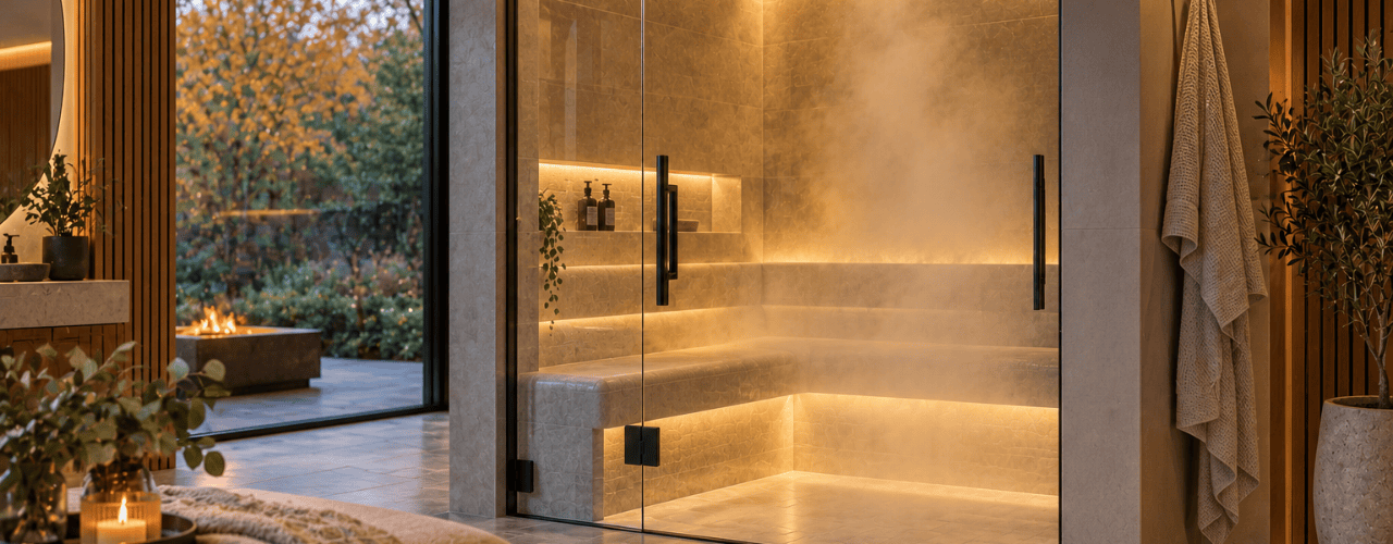 Home steam room with warm lighting overlooking an autumn garden
